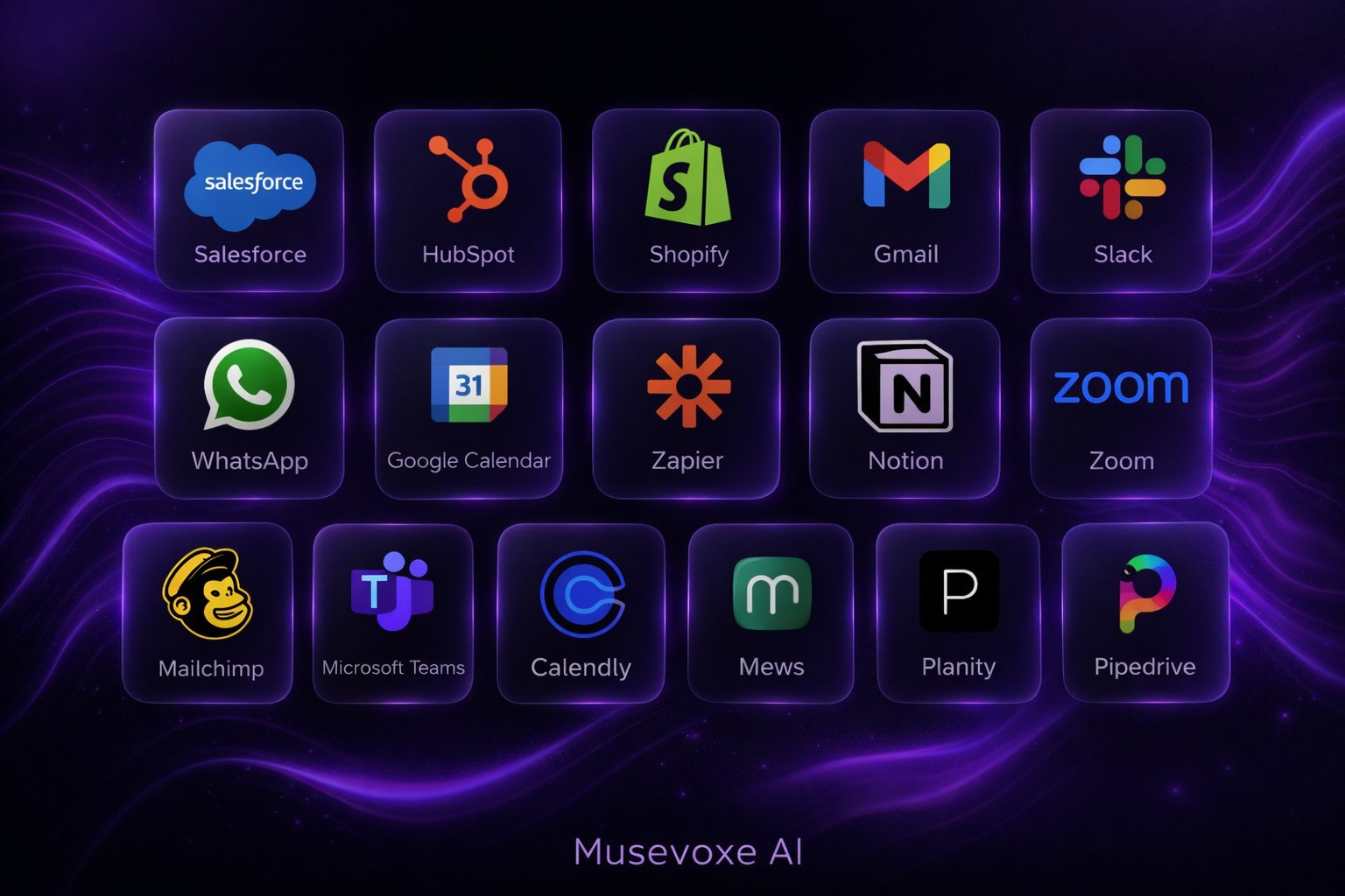 Intégrations CRM MUSEVOXE — Salesforce, HubSpot, Shopify...