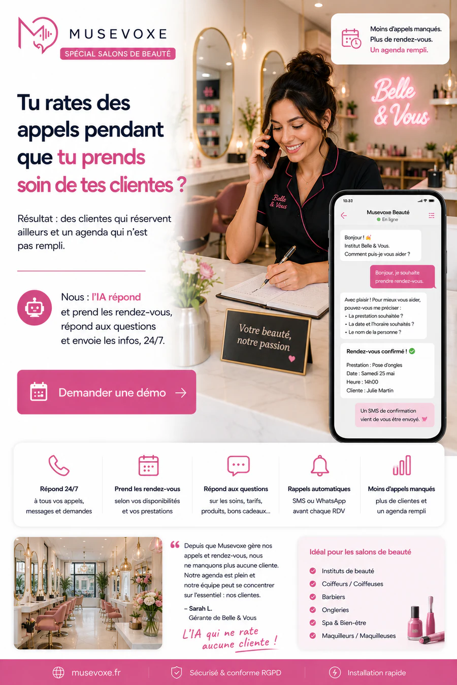 Musevoxe pour les salons de beauté : répondre aux clientes et remplir l’agenda
