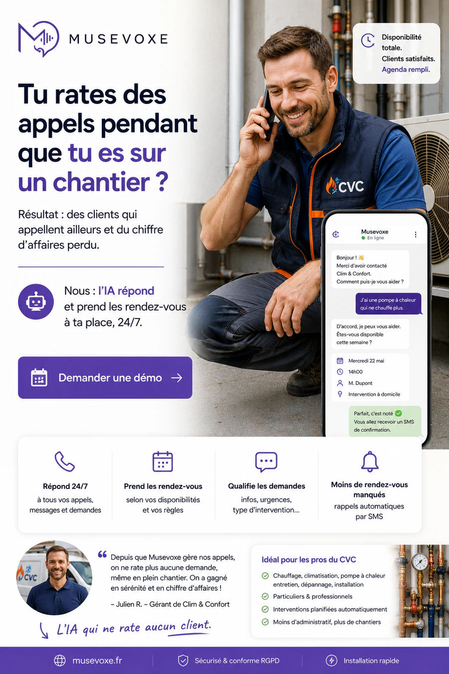Musevoxe pour les professionnels CVC : répondre pendant les interventions et organiser les rendez-vous