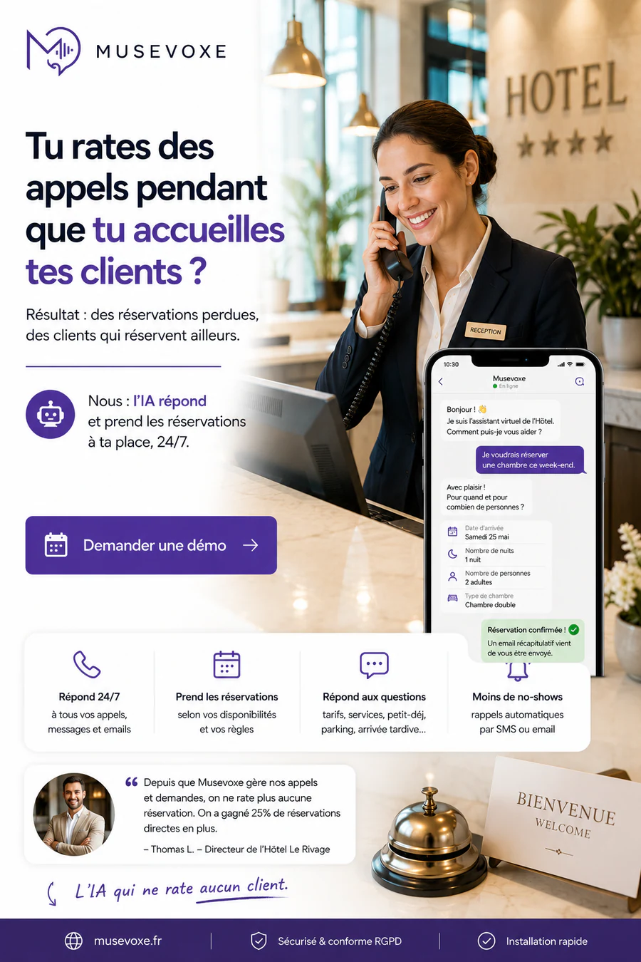 Musevoxe pour les hôtels : répondre aux appels et prendre les réservations