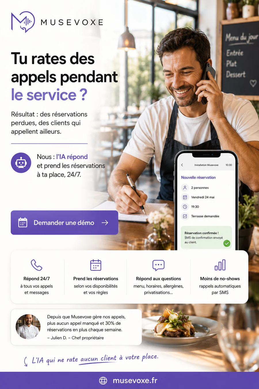 Musevoxe pour les restaurants : répondre pendant le service et prendre les réservations
